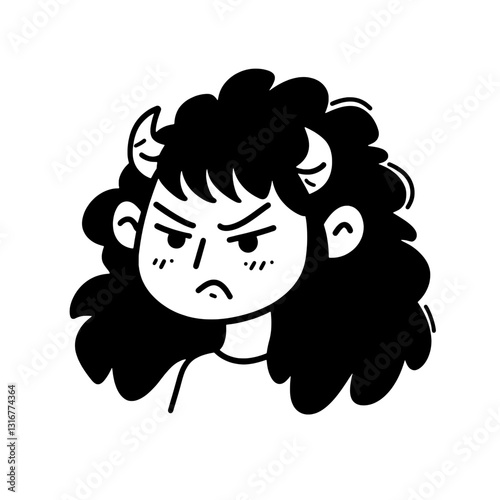 Expressive girl with curly hair and playful horns showcasing a determined attitude in an artistic vector design