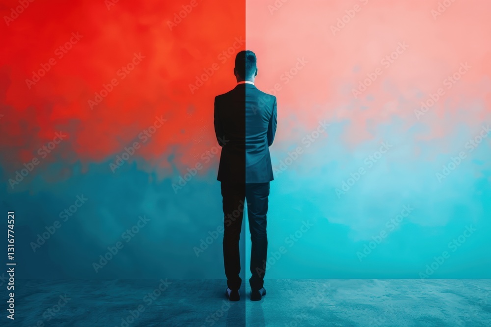 Fototapeta premium A business professional stands against a vivid two-tone background, symbolizing duality and contrasting ideas in a modern setting.