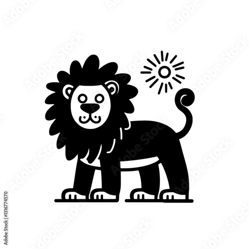 Playful lion in a vibrant field radiating joy under the sun, showcasing strength and innocence in a whimsical design