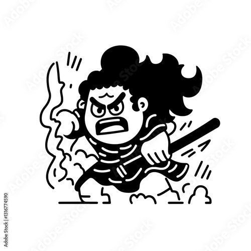 Powerful warrior in action brandishing a sword amidst swirling clouds of energy and emotion