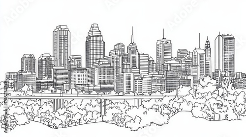 Kansas City Skyline Line Art Coloring Page - Single line drawing of Kansas City Missouri skyline, perfect for coloring. Illustrates urban architecture, city growth, nature, community