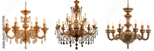 Set of a golden chandelier with candles, isolated on transparent background.