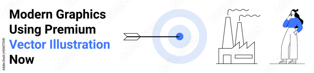 Arrow in bullseye symbolizing precision, factory representing industry, woman thinking for creativity. Ideal for business, industry, innovation, focus, goals, strategy flat landing page banner Arrow in bullseye symbolizing precision, factory representing industry, woman thinking for creativity. Ideal for business, industry, innovation, focus, goals, strategy flat landing page banner