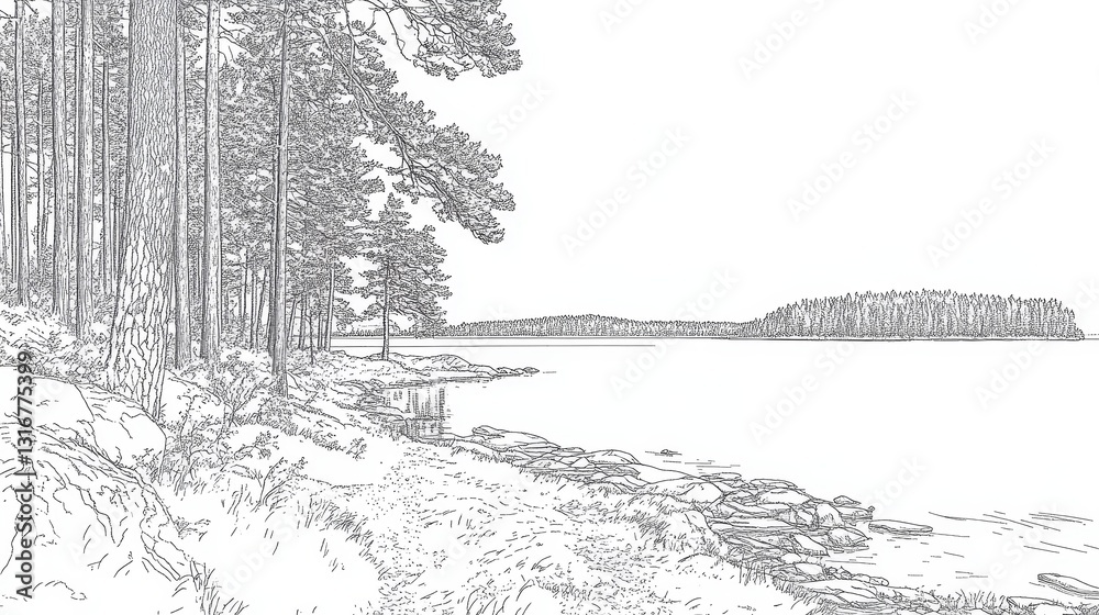 Lakeside Pines Sketch - A serene lakeside scene depicted in a simple line drawing, showcasing a tranquil body of water bordered by a dense pine forest and rocky shoreline Lakeside Pines Sketch - A serene lakeside scene depicted in a simple line drawing, showcasing a tranquil body of water bordered by a dense pine forest and rocky shoreline