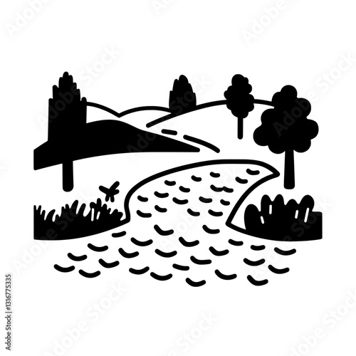 Beautiful flowing river surrounded by lush greenery and serene hills in a tranquil nature setting