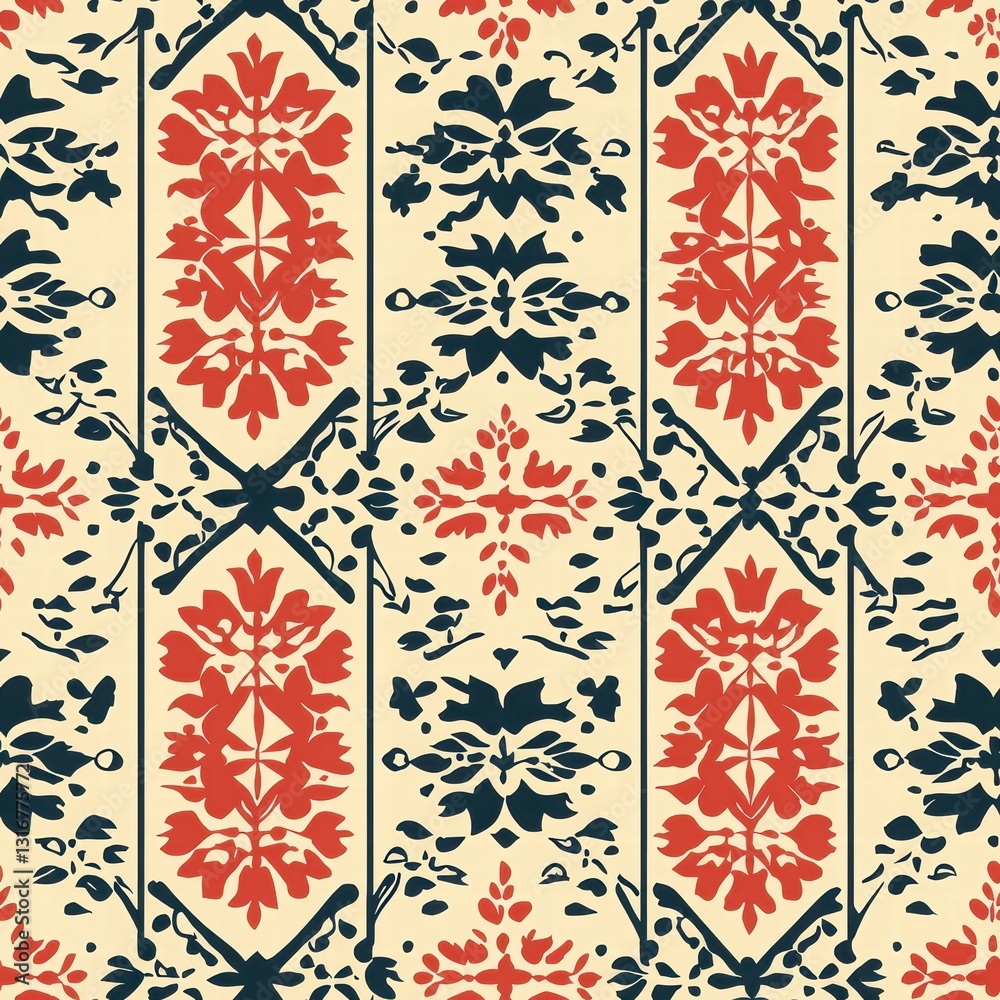 Intricate Floral Pattern in Vibrant Red and Deep Blue Tones Intricate Floral Pattern in Vibrant Red and Deep Blue Tones
