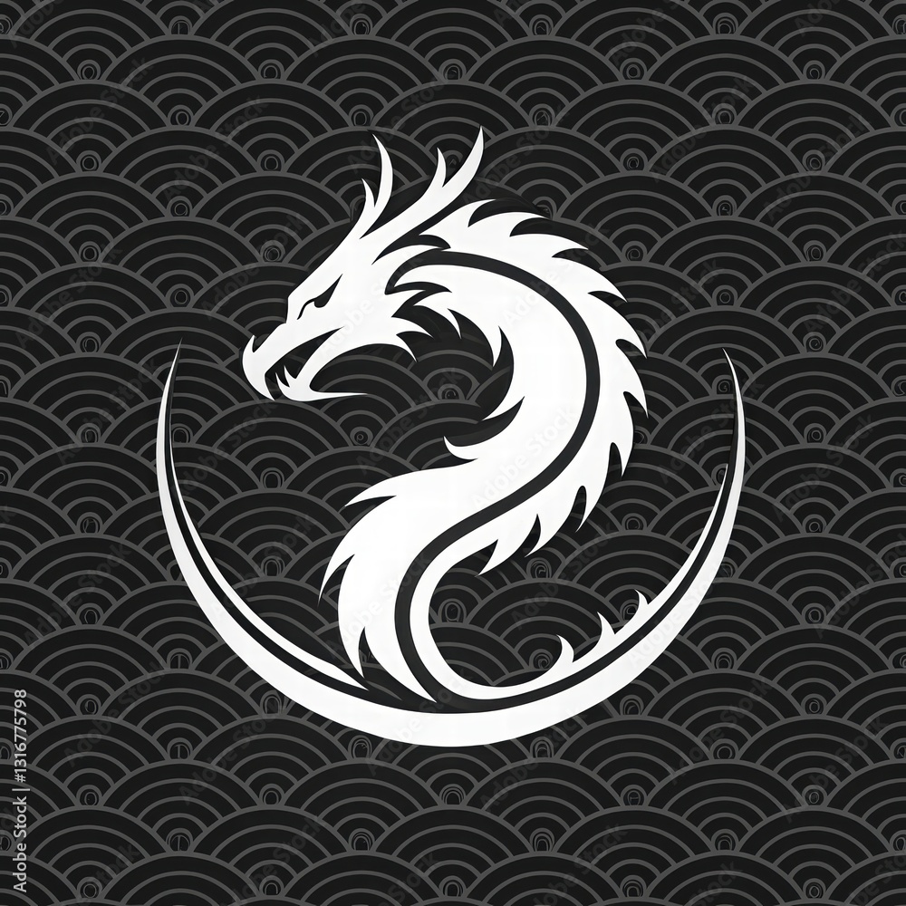 Elegant White Dragon Symbol on Black Wave Pattern Background Elegant White Dragon Symbol on Black Wave Pattern Background