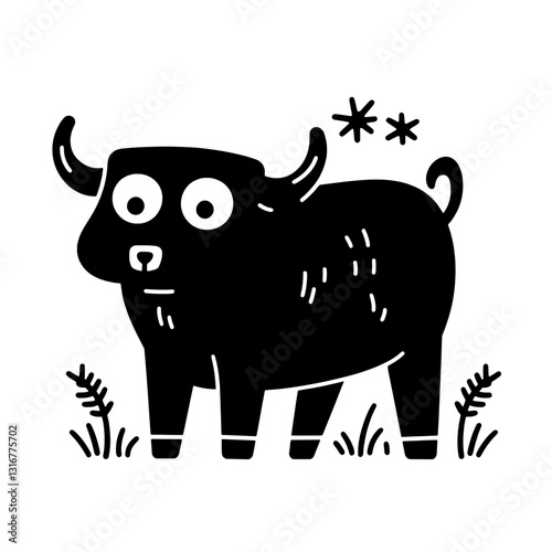 Cute cartoon buffalo standing in a grassy field with a curious expression looking at the viewer in an artistic vector style