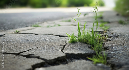 Fototapeta Naklejka Na Ścianę i Meble -  Cracked concrete pavement on an urban street shows small patches of grass thriving amid the damaged surface in bright daylight