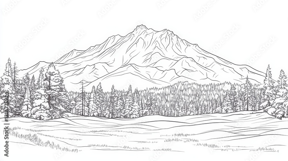 Fototapeta premium Lassen Volcanic National Park Line Art Drawing - Single line drawing, coloring, mountain landscape, forest, nature, serenity