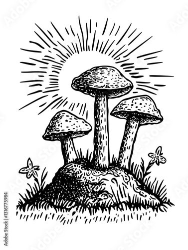 Majestic mushrooms basking in sunlight amidst lush grass and delicate flowers in a serene woodland setting