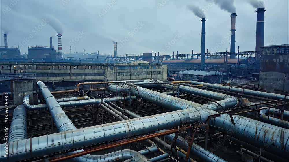 Industrial Landscape: A panoramic view of a vast industrial complex with smoking smokestacks and a network of pipes, conveying a sense of scale and the impact of industry.