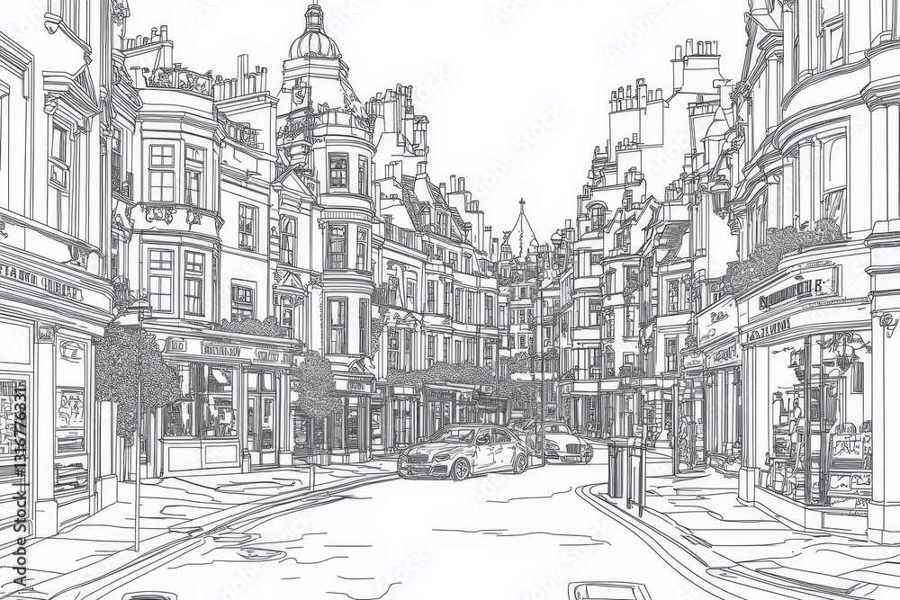 Fototapeta premium London Street Scene Line Drawing - Single line drawing of London street, showcasing architecture, urban life, transportation, and shops. Symbolizing history, elegance, city life, and British culture