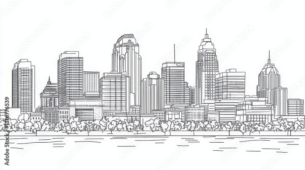 Naklejka premium Louisville Kentucky Skyline Line Drawing - Single line drawing of Louisville's cityscape, symbolizing urban development, architectural design, city growth, Kentucky pride, and American history