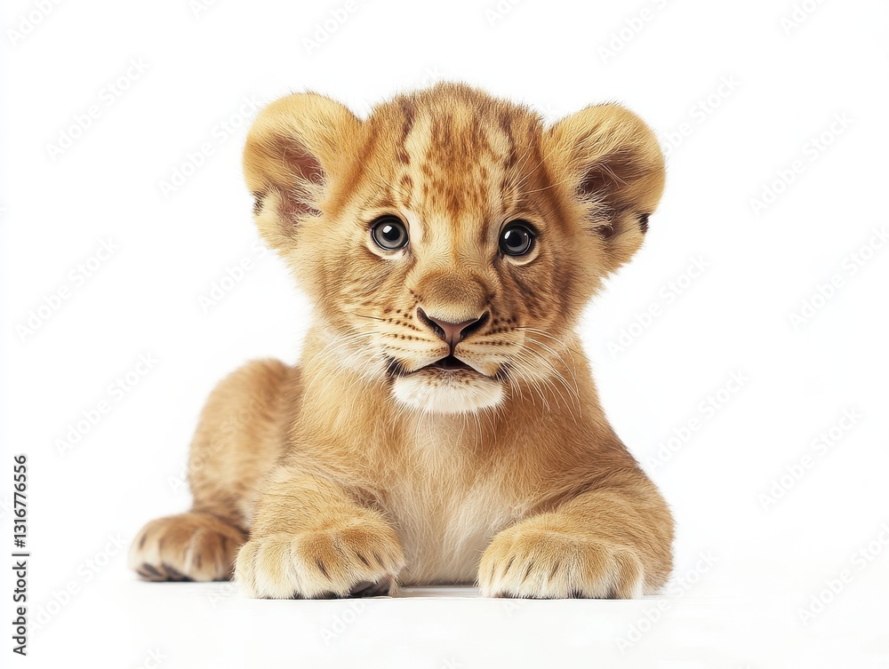 An adorable lion cub resting on white background An adorable lion cub resting on white background