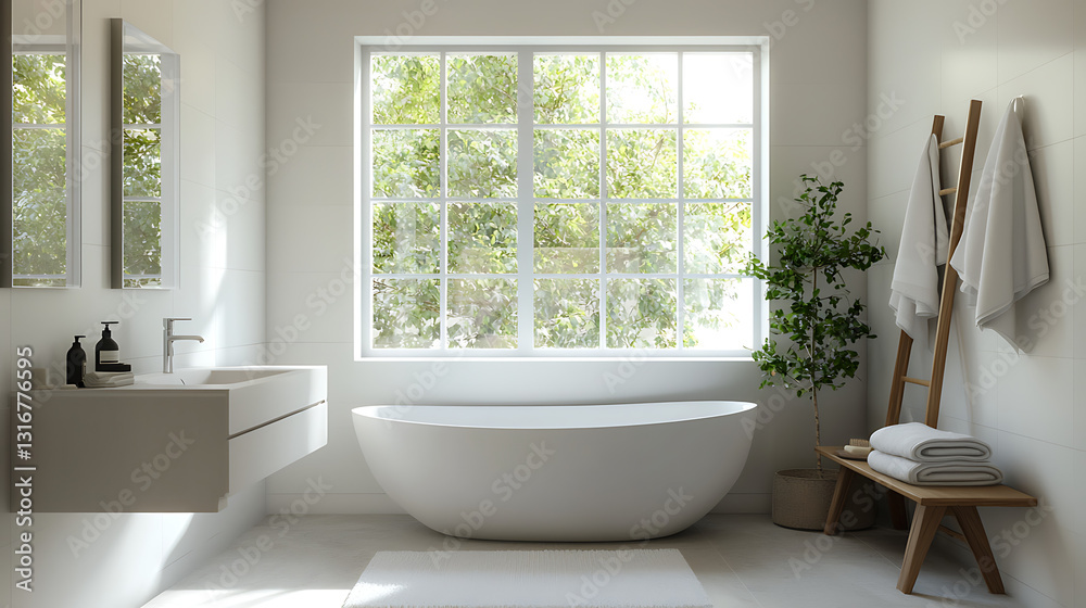 Fototapeta premium A bathroom with a white tub and a white sink