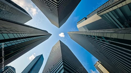 Skyward Gaze: A dramatic low-angle perspective showcases towering skyscrapers against a vibrant blue sky, inviting contemplation and wonder. 