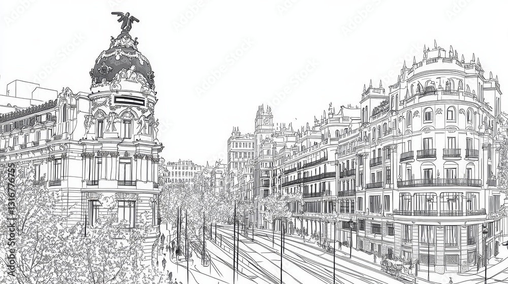 Obraz premium Madrid Street Scene Line Drawing - Single line drawing of a Madrid street, symbolizing architecture, urban life, history, tourism, and Spanish culture