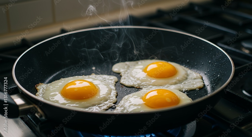 Delicious Golden Fried Eggs Cooking in a Pan on a Stovetop, A Perfect Breakfast Meal Delicious Golden Fried Eggs Cooking in a Pan on a Stovetop, A Perfect Breakfast Meal