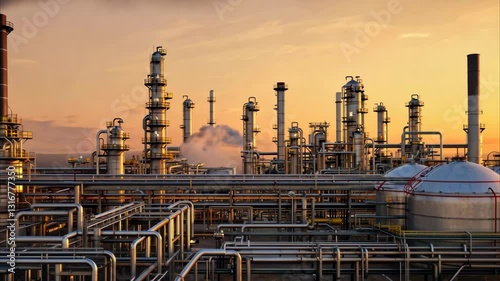 Industry Powerhouse: A sprawling industrial complex, showcasing a network of pipes, towers, and storage tanks set against the warm hues of the setting sun.