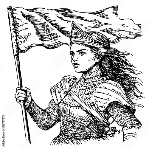 Warrior queen leading her troops with a flag in a majestic battle pose during a historic campaign