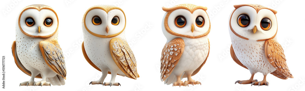 Fototapeta premium Set of cute cartoon owl characters in various poses isolated on transparent background, Cutout PNG