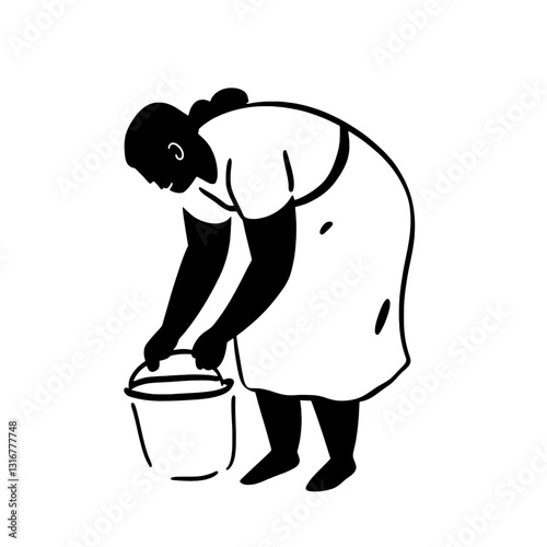 Woman cleaning with a bucket in a traditional setting during the bright daylight