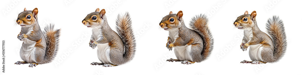 Set of cute gray squirrels standing and posing isolated on transparent background, Cutout PNG Set of cute gray squirrels standing and posing isolated on transparent background, Cutout PNG