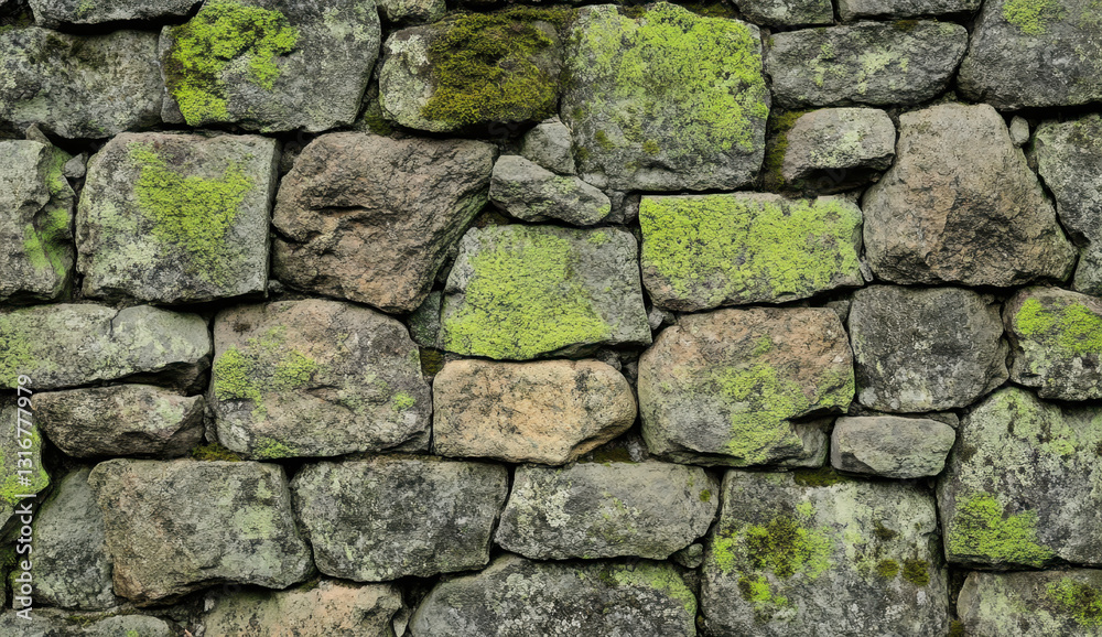 Textured stone wall exhibits weathered stones adorned with vibrant green moss, reflecting the passage of time in a historic setting Textured stone wall exhibits weathered stones adorned with vibrant green moss, reflecting the passage of time in a historic setting