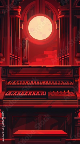 A striking red-hued scene featuring an ornate organ illuminated by a large moon, creating a dramatic and mystical atmosphere.