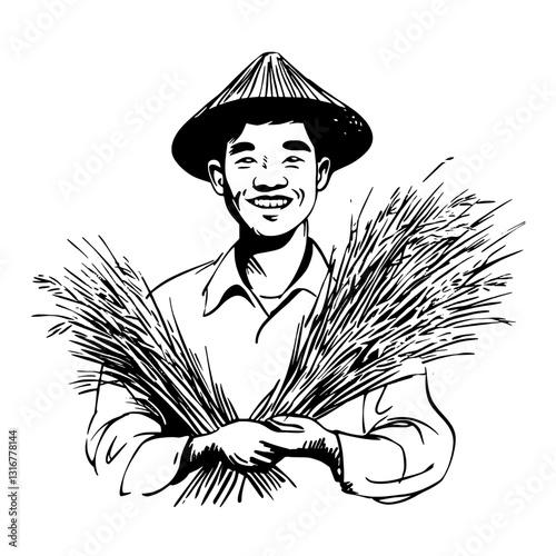 Smiling farmer holds harvested bundles of wheat under a sunlit sky in a traditional setting