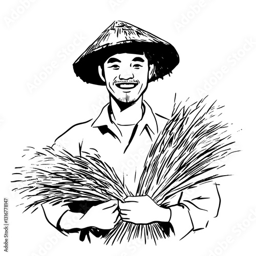 Smiling farmer holding harvested wheat at sunset in a serene countryside landscape