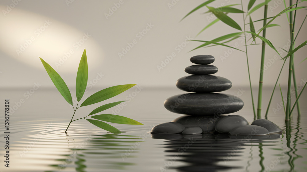 Zen Garden With Stacked Stones And Bamboo Leaves Reflection Zen Garden With Stacked Stones And Bamboo Leaves Reflection