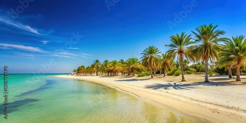 Fototapeta Naklejka Na Ścianę i Meble -  Warm sandy beach with clear blue waters and tropical palm trees on Djerba Island in Tunisia, sunny, warm weather