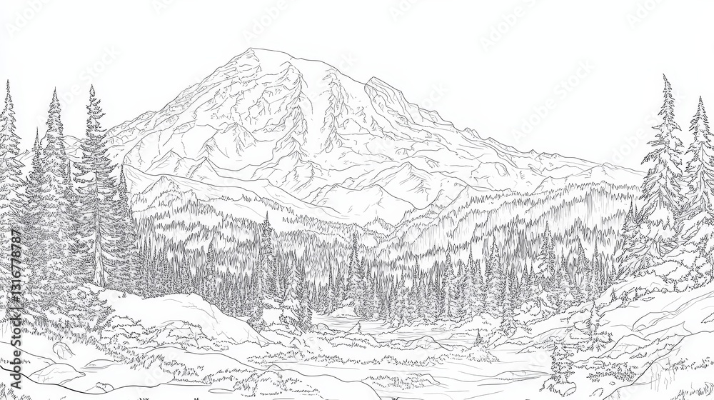 Obraz premium Mount Rainier National Park Line Art Drawing - Majestic mountain, serene forest, flowing river, peaceful valley, detailed line art. Symbolizes nature, tranquility, exploration, beauty, escape