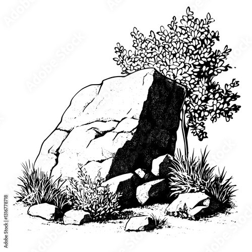 Majestic boulder surrounded by lush greenery in a serene landscape showcasing nature's beauty