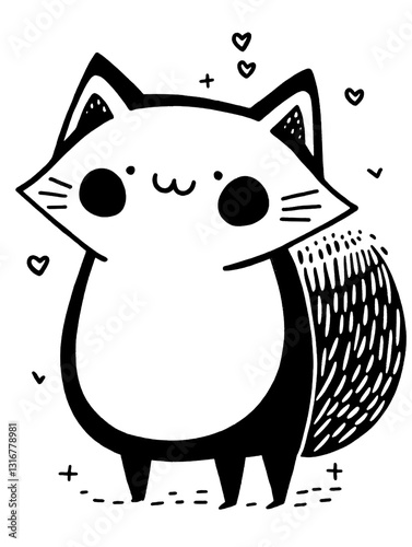 Cute and whimsical vector design of a cartoon cat with a bushy tail and charming expression