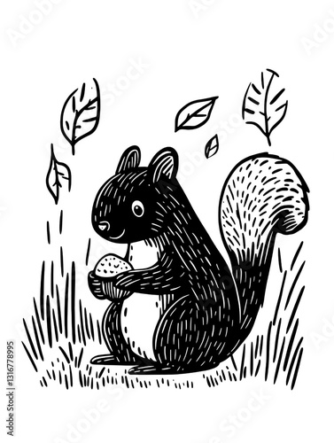Charming squirrel gathering acorns in autumn leaves among the grassy meadow with a playful spirit