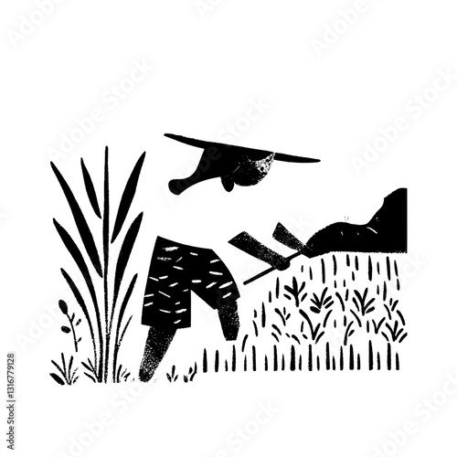 Mysterious figure engaged in a serene gardening activity amidst lush foliage and gentle sunlight
