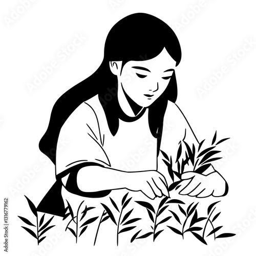 Girl tending to a garden, nurturing young plants with care and attention in a peaceful outdoor setting