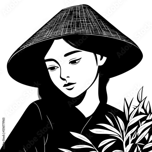 Elegant woman cultivating plants in traditional attire and conical hat exudes grace in serene garden setting