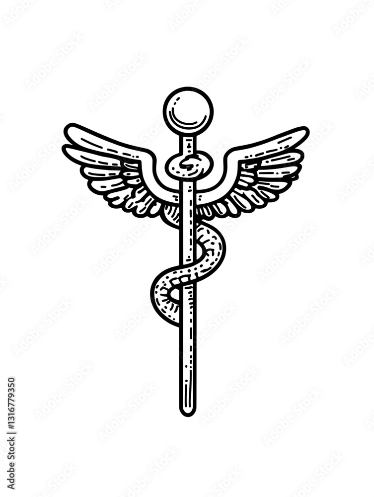 Symbol of healing and care represented by a winged staff entwined with a serpent, signifying medicine and health Symbol of healing and care represented by a winged staff entwined with a serpent, signifying medicine and health