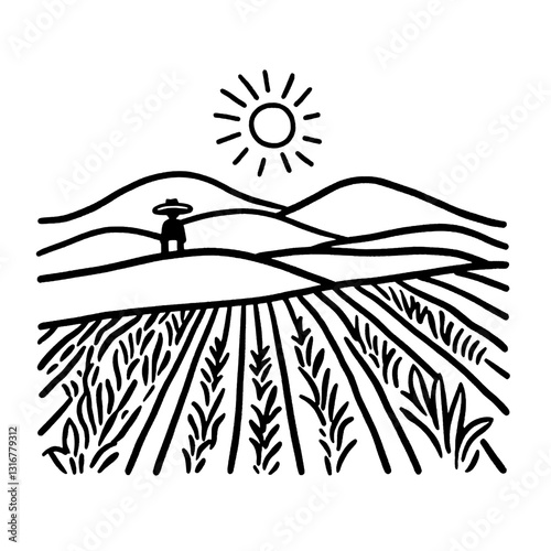 Lush farmland under the bright sun with rolling hills and a distant farmer tending to crops in a peaceful landscape