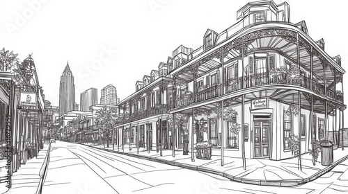New Orleans French Quarter Street Scene Line Art - Single line drawing, coloring page, black and white, New Orleans architecture, French Quarter charm, historic buildings