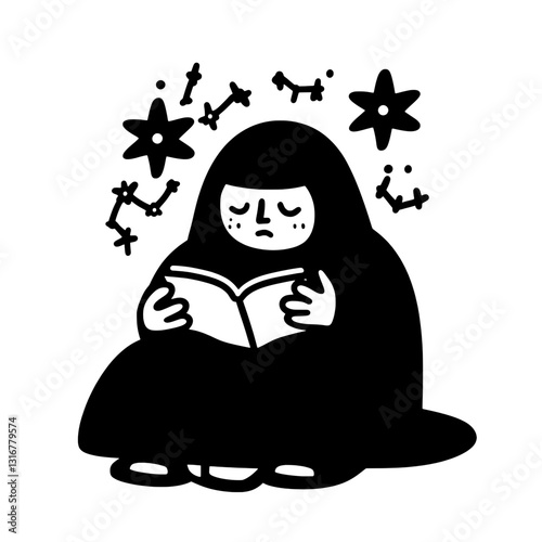 Meditation through books and constellations in a serene black and white vector art design