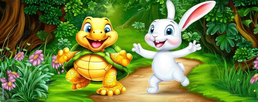 Fototapeta premium Happy Turtle and Rabbit Friends Walking on Forest Path Cartoon Illustration