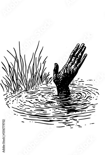 Hand reaching for help above the water in a tranquil yet haunting setting, symbolizing desperation and hope