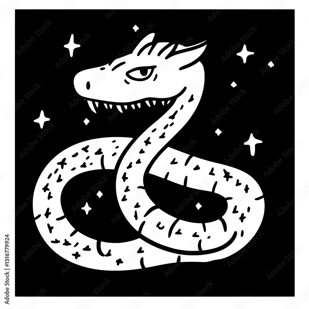Naklejka premium Illustration of a mythical serpent coiling among twinkling stars on a dark background