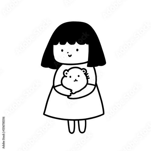 Cute girl in a dress holding a small animal, showcasing the bond between children and pets in a minimalistic vector style