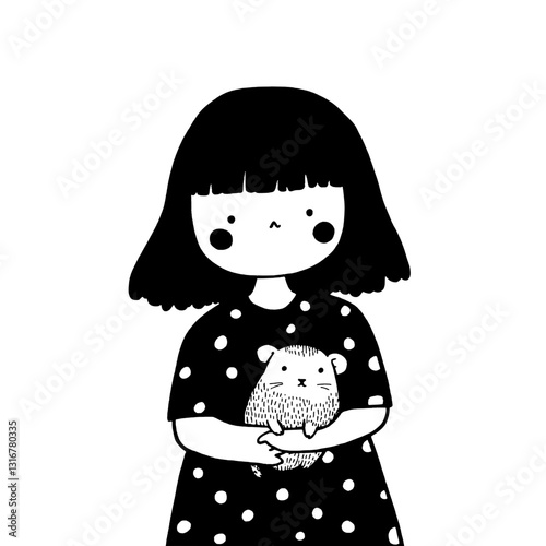 Charming girl with bob haircut cuddling a cute pet in a polka dot dress creates a delightful and whimsical moment